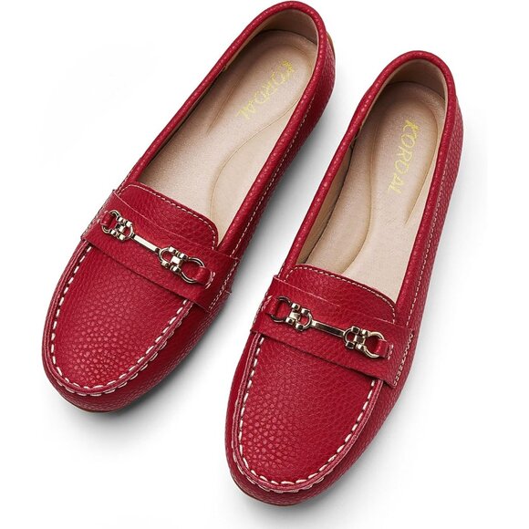 Kordal Women's Red Leather Gold Accent Buckle Slip-Ons Walking Flats Loafers - Picture 9 of 9